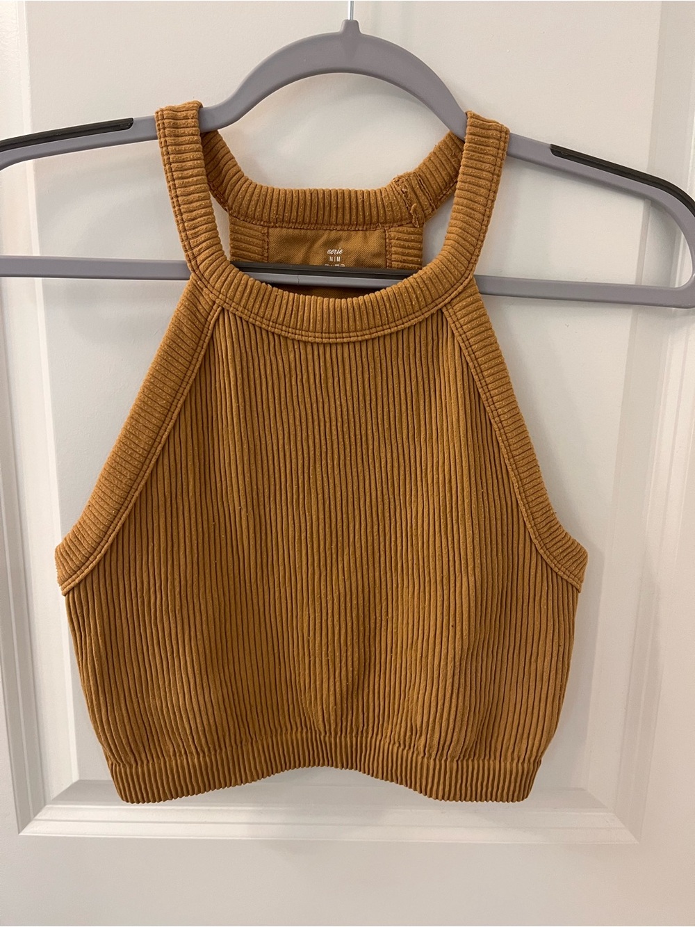 aerie Superchill Seamless High Neck Bra Top in Carmel color